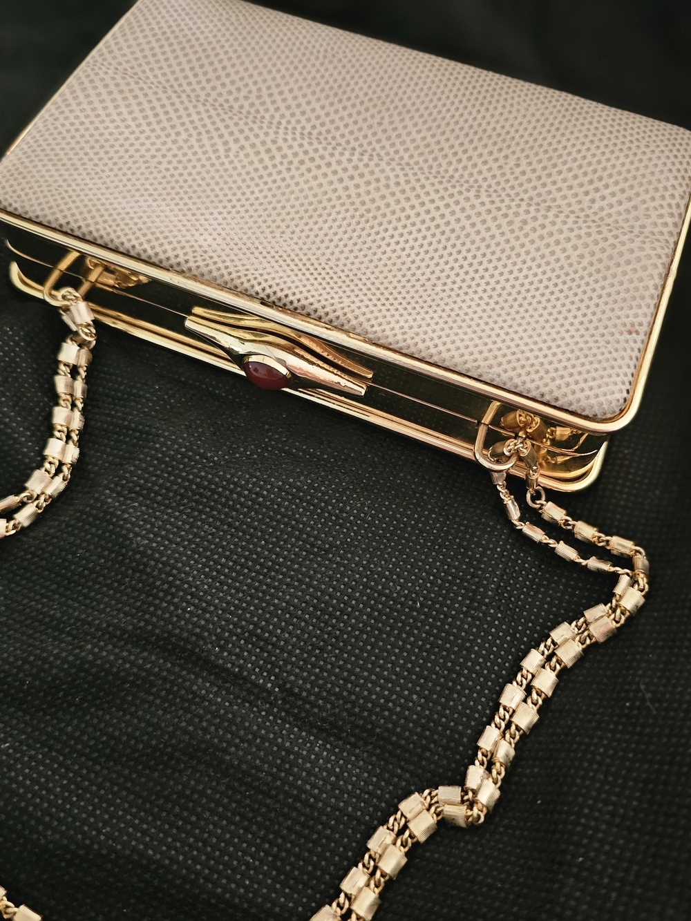 Vintage Judith Leiber Lizard Skin Minaudière Evening Bag Red Cabochon Clasp